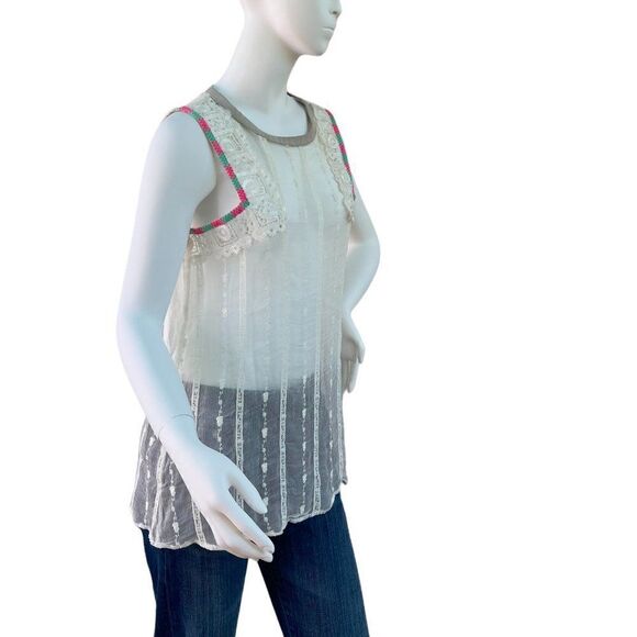 Custo Barcelona Sheer Ivory Lace Sleeveless Tank Top with Pink & Green Trim, S - Picture 7 of 7